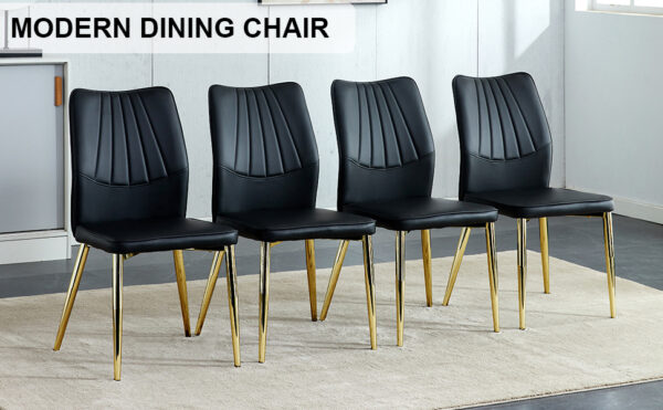 42ee70f00d6e4b73b91708ce0a73b286_20240205_050178fe5ba0f7ab32067024a78ac7c7 Four black dining chairs. A medieval modern chair made of PU material with soft cushions, equipped with golden metal legs. Suitable for restaurants and living rooms