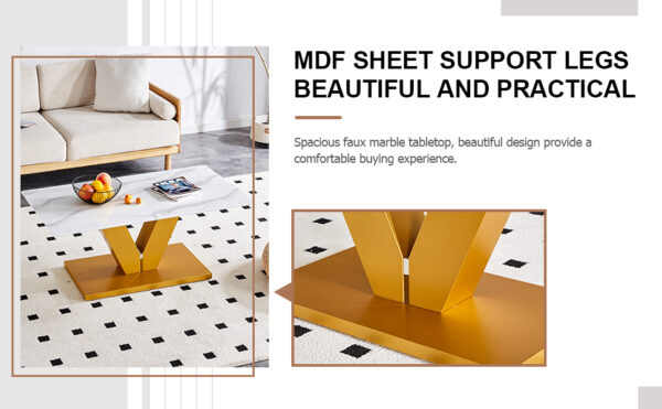 432194cd892f49a496fe6a67789c66a9_16a81476614f253ba800818983aa64e1 Modern minimalist coffee table. Tempered glass with stickers tabletop,golden MDF pillars. Suitable for living room and dining room