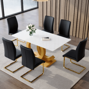 Table and chair set.Subtle Luxury Tempered Glass Dining Set - 63"x35.4" with 6 Black PU Material High Resilience Dining Chairs.Arched Metal Gold Leg.White imitation marble texture sticker Tabletop.