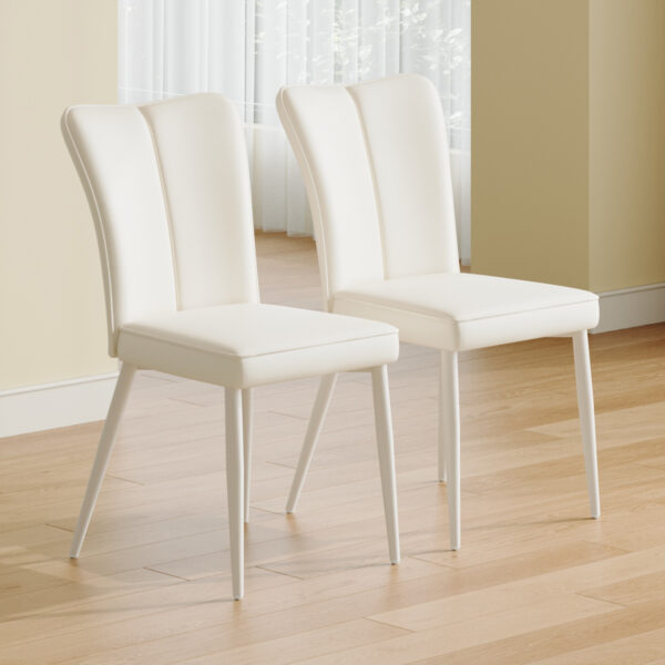 Modern minimalist dining chair, white PU leather curved back and seat cushion, white metal chair legs, suitable for dining room, bedroom, living room.  A set of 2 chairs.  008