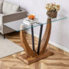 Modern minimalist rectangular glass table with 0.39 "tempered glass top and MDF wood grain sticker legs, suitable for entrance and living room.