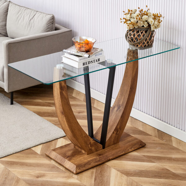 43979de1e1d644fd8ae1bbea6a7709c3_f439b88928ce801236af61b8f11c73b1 Modern minimalist rectangular glass table with 0.39 "tempered glass top and MDF wood grain sticker legs, suitable for entrance and living room.