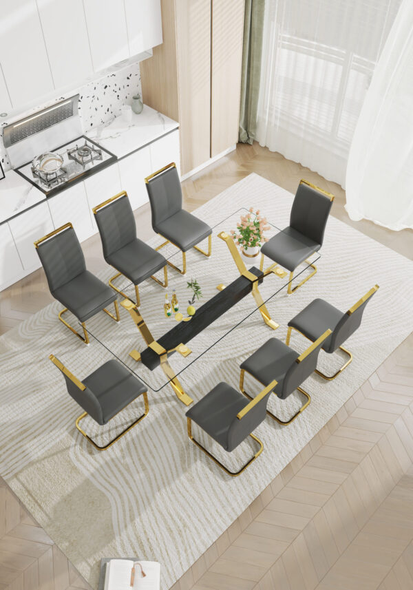 43a3ae60c362452a81c96755a73edfc5_20230727_f588cb2d7af685bfa9882c5941811584 Dining table. Modern tempered glass dining table. Large modern office desk with gold plated metal legs and MDF crossbars, suitable for both home and office use. Kitchen. 79 ''x39''x30 '' 1105