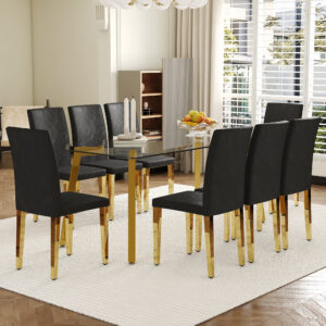 Table and chair set.71 * 35.4 inch rectangular dining table.Tempered Glass Tabletop,Golden 7-shaped Metal Table Legs.Paried With 8 Black PU dining chairs, Golden Metal Legs.Simple and versatile.