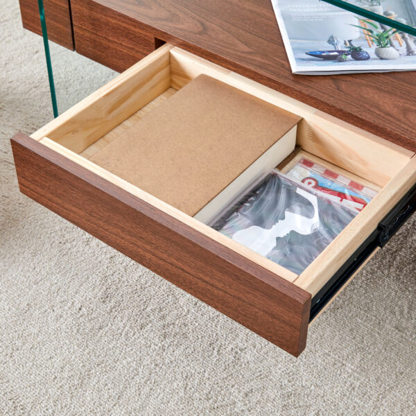43.3 Inch Modern Two-Tier Coffee Table - Clear Tempered Glass and Dark Wood Grain, Multifunctional Storage Design.The bottom tier includes a drawer.Can be used as a coffee table,side table,etc.