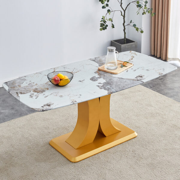 43bfcb14fad0444497d7679fb1daa554_bc90a1b81a3eb00a7a767d6eeaeab7a9 A modern minimalist dining table. Imitation marbled glass tabletop. Gold MDF table legs for kitchen and living room