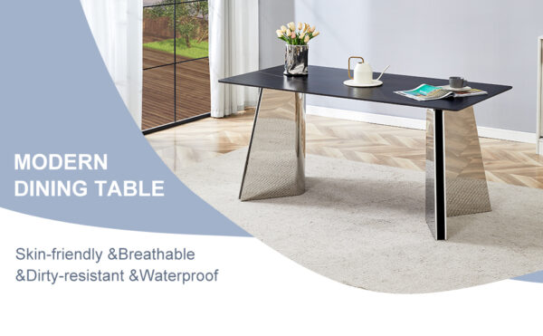 43e677feb27043d3858d513abde0f009_22694f7cbef85ceed670eca039456239 63"x31.5x30" Black Marble-Patterned Slab Dining Table with Stainless Steel Butterfly Legs.The tabletop is designed to be scratch and heat resistant.Slabs Tabletop,Stainless Steels Legs.