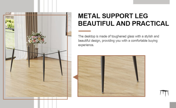 Modern minimalist rectangular transparent tempered glass dining table, 0.4 inches thick, black metal legs, suitable for kitchen, dining room, and living room 63 "* 35.4" * 30 " DT-1544