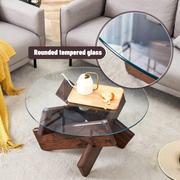 4423296e05f24144a2a7aa6ea4383703_c9e68f4e7ec4e860be600406f5dc67e3 Round glass coffee table, 33.4" modern design unique coffee table. Tempered glass top with Walnut colored texture sticker MDF legs. Suitable for living and dining rooms