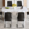 Table and chair set.64.5 x 35.4 Inch Stylish White Marble Textured Dining Table,Perfectly Blending Simplicity And Transparency.Paried With 6 Black High-quality PU Chairs With Silver Arched Metal Legs.