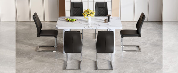 445f9d029dbd46a494830f2c14f899d8_f0695c5278ad52de64744b79e93e37f8 Table and chair set.64.5 x 35.4 Inch Stylish White Marble Textured Dining Table,Perfectly Blending Simplicity And Transparency.Paried With 6 Black High-quality PU Chairs With Silver Arched Metal Legs.