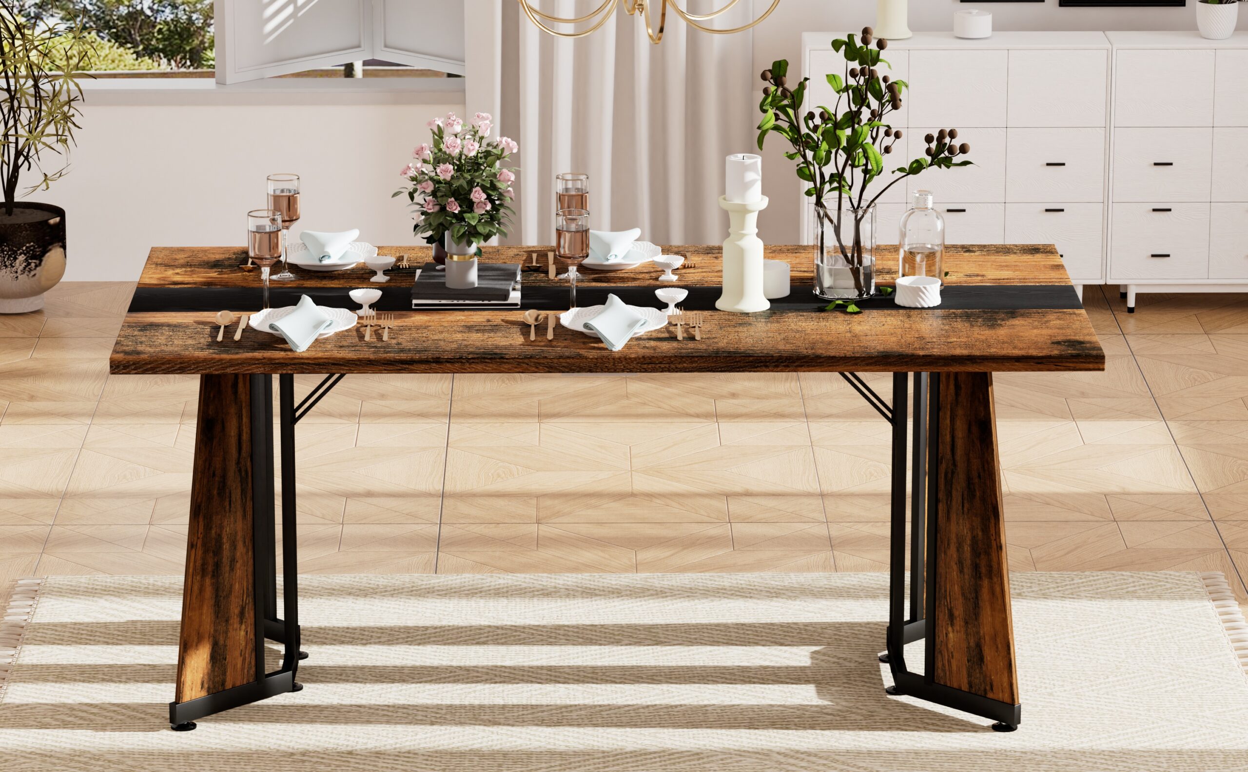 Rustic Brown 70.9" Rectangular Dining Table: Seats 8, Waterproof & Adjustable – Deluxe Family Table by Nestory