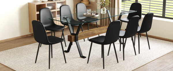 Table and chair set.79"x31.5" with X-shaped Black Metal Table Legs,Wood Grain Textured MDF Crossbeam.Paired With 8 Modern Mid-Century Style Upholstered Side Black PU Chairs.