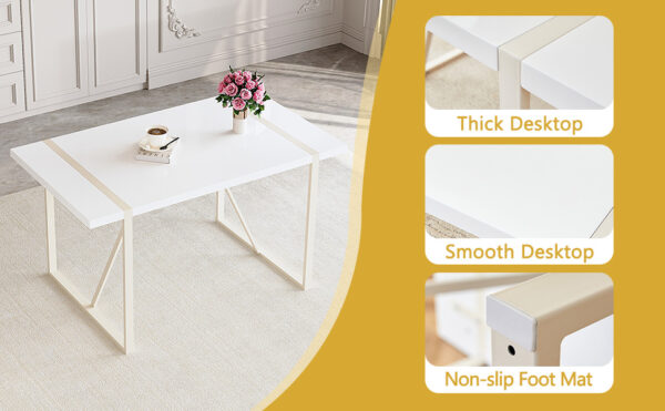 44c01134e3c94ada94d11916a5ae2f48_fa0edf71b7a1c98e6abe690b881e750d Table and chair set.55"x31.4" Cream-Style White MDF Dining Table Set with 6 White Chairs With Silver Metal Legs.MDF Tabletop and metal frame legs.Adding a warm and gentle atmosphere to your family.