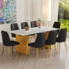 Table and chair set.Luxurious Style Tempered Glass Dining Set-71"x35.4"with 8 Black PU Chairs with Simple Line Designs On The Backrest .Golden Metal Legs.Tempered Glass Top With White Texture sticker.