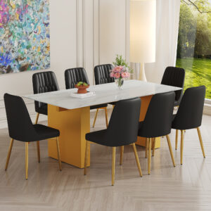 Table and chair set.Luxurious Style Tempered Glass Dining Set-71"x35.4"with 8 Black PU Chairs with Simple Line Designs On The Backrest .Golden Metal Legs.Tempered Glass Top With White Texture sticker.