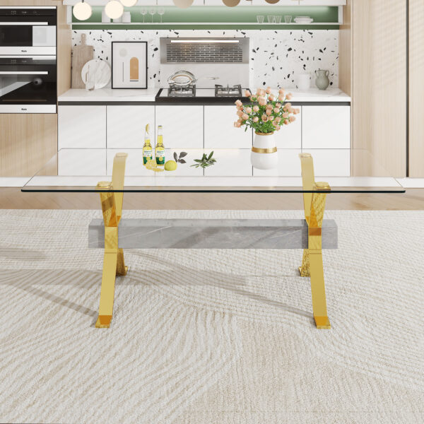 44e69bc2b1684ab7976fb5132f6cfac3_20230821_a9cf2b35b1e2e82ce316b45f076853b3 Dining table. Modern tempered glass dining table. Large modern office desk with gold plated metal legs and MDF crossbars, suitable for both home and office use. Kitchen. 79 ''x39''x30 '' 1105