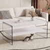 Double rectangular coffee table. The board surface is MDF, with white stickers, and both sides are transparent tempered glass. Suitable for living room, bedroom and other occasions.