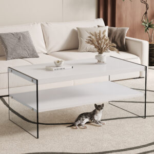 Double rectangular coffee table. The board surface is MDF, with white stickers, and both sides are transparent tempered glass. Suitable for living room, bedroom and other occasions.