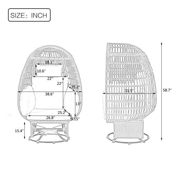 TREXM Outdoor Swivel Chair with Cushions, Rattan Egg Patio Chair with Rocking Function for Balcony, Poolside and Garden (Grey Wicker + Beige Cushion)
