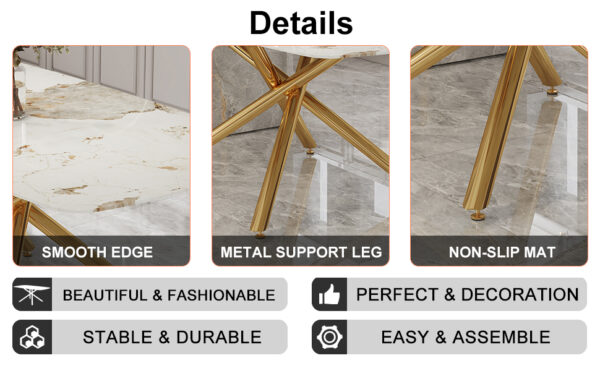 4522c26b569d4ead9960a23683c3b0f6_1cc008bc244abde92feb994bd74119a5 Table and chair set.Modern Luxurious Tempered Glass Dining Table Set with Gold Metal Legs and 8 PU Chairs.White marble-patterned sticker tabletop,black chairs with gold metal legs.