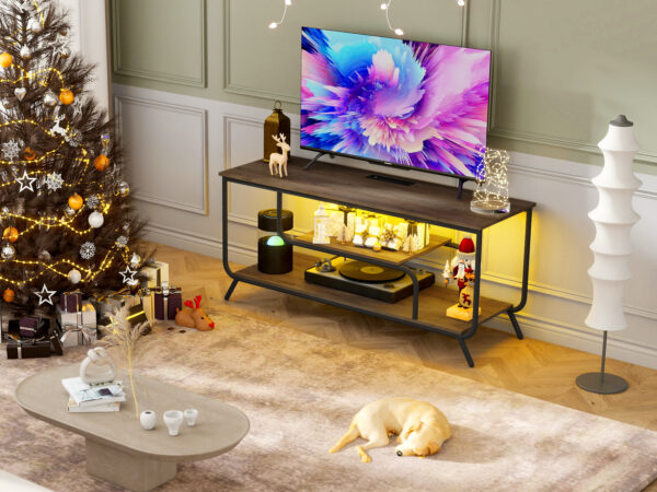 There are installation videos and scene videos. TV socket and LED light - TV stand TV up to 55 ", small unit modern TV console suitable for living room and bedroom, light grey