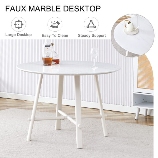 45286022f87046aaa77b21ae04e951fb_4943cab33e99dc3ba934b1a97d37ba66 Table and chair set, MDF desktop, white metal table legs, stable and beautiful, suitable for most styles of home. Modern simple dining table, comfortable seating.