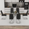 Table and chair set.Modern Luxurious Transparent Tempered Glass Dining Table Set with 6 Chairs.Single fork silver metal table legs.Black high-quality PU dining chairs with silver metal legs.