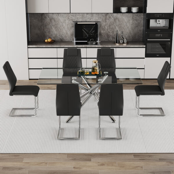 4529035e330b43a6a62f9abdba787558_24fe7cd6a53b670e7aa3afb1a7ebef9a Table and chair set.Modern Luxurious Transparent Tempered Glass Dining Table Set with 6 Chairs.Single fork silver metal table legs.Black high-quality PU dining chairs with silver metal legs.