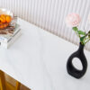 Modern and simple rectangular glass dining table in white with a pattern, 0.39 "white top and gold legs, suitable for entrance and living room.