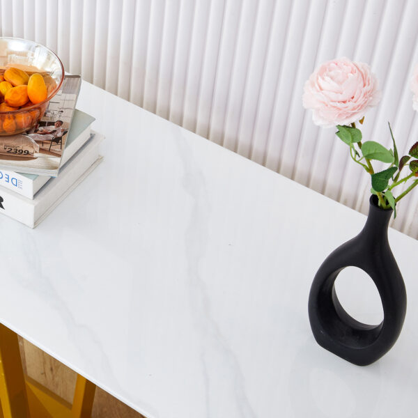 Modern and simple rectangular glass dining table in white with a pattern, 0.39 "white top and gold legs, suitable for entrance and living room.