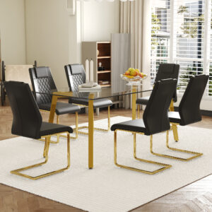 Table and chair set.71 * 35.4 inch rectangular dining table.Tempered Glass Tabletop,Golden 7-shaped Metal Table Legs.Paried With 6 Black High-quality PU Chairs With Arched Metal Legs.W1151S03301