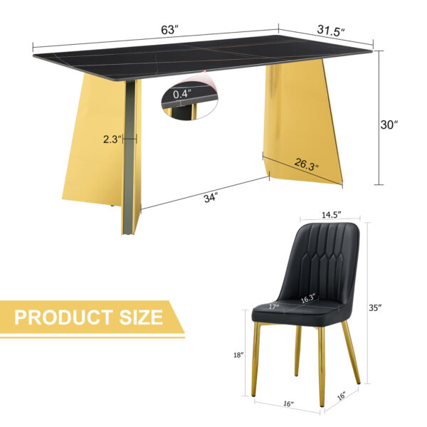 45672212ebb14d3ba2335ba1d30dd670_a6920341565c04770778e4f1da8f3d6c Table and chair set.63"x31.5x30"Black Texture With Lines Patterned Sintered Stone Table with Golden Stainless Steel Legs.Paried With 4 Black PU Chairs with Simple Line Designs On The Backrest.