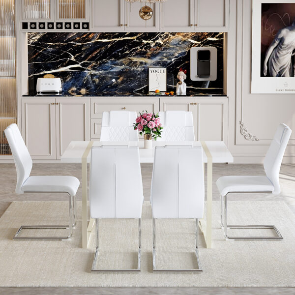 457121168bf145a3b2f47b73f2aef642_84043a55655ec542d70f9bb81c78f858 Table and chair set.55"x31.4" Cream-Style White MDF Dining Table Set with 6 White Chairs With Silver Metal Legs.MDF Tabletop and metal frame legs.Adding a warm and gentle atmosphere to your family.