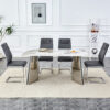Table and chair set.63"x31.5x30" Luxurious Pandora patterned Sintered Stone Tabletop with Silver Stainless Steel Butterfly Legs.Paried With 4 Dark Gray High-quality PU Chairs With Arched Metal Legs.