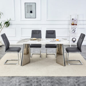 Table and chair set.63"x31.5x30" Luxurious Pandora patterned Sintered Stone Tabletop with Silver Stainless Steel Butterfly Legs.Paried With 4 Dark Gray High-quality PU Chairs With Arched Metal Legs.