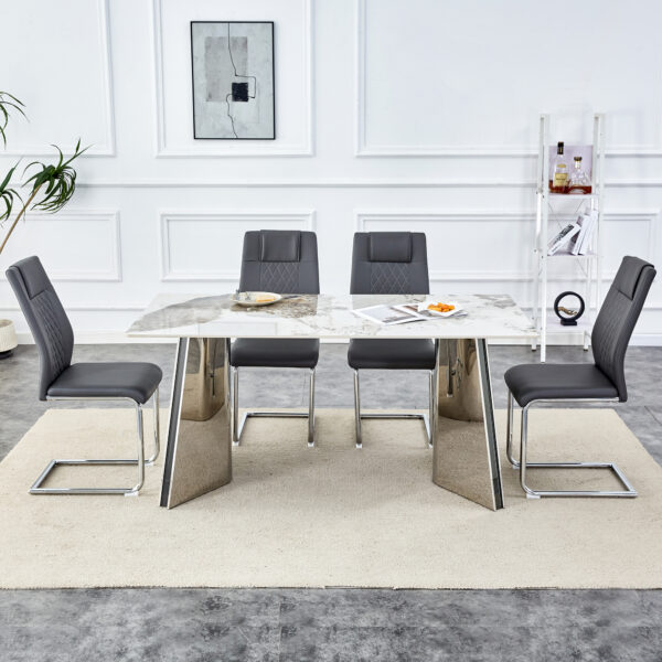 45734cf1688e43dd80aaf21c2effb8f7_b7be8e54290b7ad0f3539206094d8f94 Table and chair set.63"x31.5x30" Luxurious Pandora patterned Sintered Stone Tabletop with Silver Stainless Steel Butterfly Legs.Paried With 4 Dark Gray High-quality PU Chairs With Arched Metal Legs.
