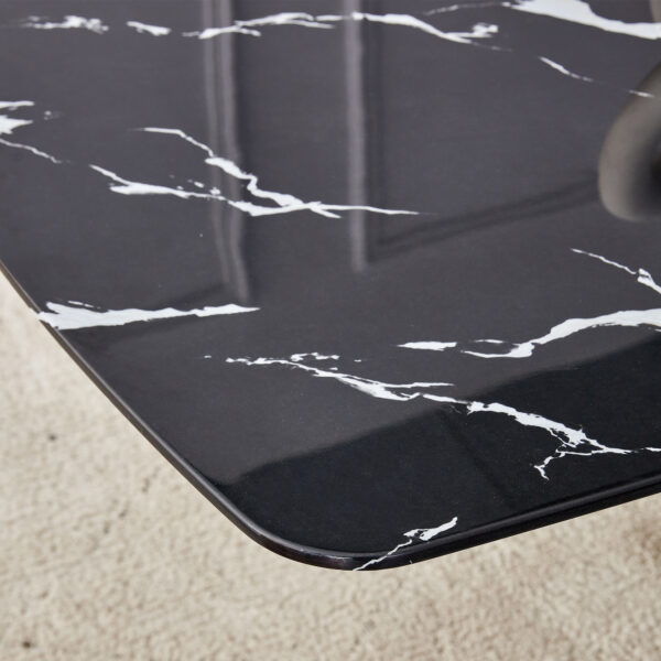 457684b74b524683a9a8c384541cdb2b_09912bbbc0a47314c36d0abea9f1a8b3 63"x35.4" Luxurious Black Marble-Patterned Tempered Glass Dining Table.Single Fork Golden Metal Table Legs.Tempered Glass Table Top,Golden Metal Leg.Make it Adaptable To Various Decoration Styles.