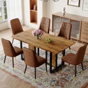 Table and chair set.67"x36" Wood-Textured MDF Dining Table Set with 6 Brown Suede Chairs.MDF sticker,Wood colored texture sticker,Brown armless dining chair,Suitable for kitchen,Dining room,etc.