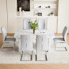 Table and chair set.63"*35.4" White Imitation Marble Pattern MDF Dining Table Set - 6 Soft and Comfortable Light Gray PU Chair With Arched Metal Silver Leg.Create Your Exclusive Low-Key Luxury Space.