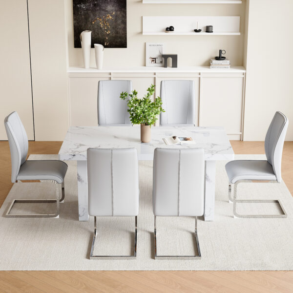 45846344dfeb4ab6b62c5a793e38b98f_e93a7133df3f51cfe21d7d525cb2887d Table and chair set.63"*35.4" White Imitation Marble Pattern MDF Dining Table Set - 6 Soft and Comfortable Light Gray PU Chair With Arched Metal Silver Leg.Create Your Exclusive Low-Key Luxury Space.