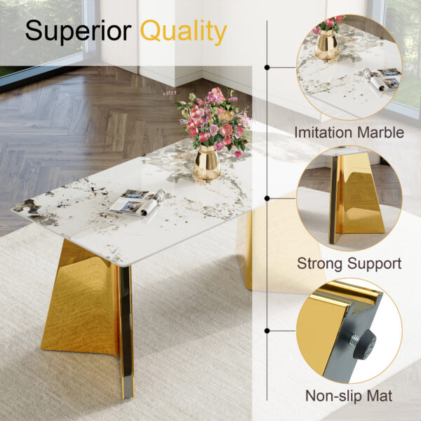 45a94b8ed8a547aba990b88b19ae77d1_edffda37110e2067bc74fa013cc63215 Table and chair set.63"x31.5x30" Luxurious Pandora patterned Sintered Stone Tabletop with Golden Stainless Steel Butterfly Legs.Paried With 4 Black High-quality PU Chairs With Arched Metal Legs.