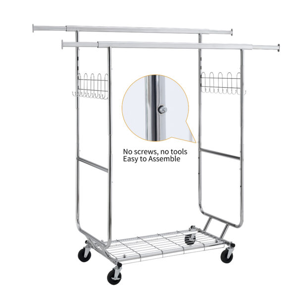 45bd3d45bbe1401094a5195b09d719e8_33b5a0c5655bd4cd569bb75970d7ec55 Double Clothing Garment Rack with Shelves Capacity 800lbs Clothing Racks on Wheels Rolling Clothes Rack for Hanging Clothes Heavy Duty Portable Collapsible Commercial Garment Rack
