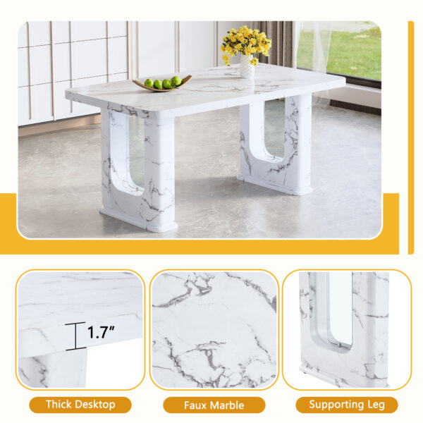 45c3a151ab4244b89b7e08d790c750f6_b91e38556f9ffa4a2f73d3d5218ca208 64.5 x 35.4 Inch Stylish Marble Textured Dining Table, Perfectly Blending Simplicity And Transparency. Made of MDF Material With White Marble Texture Stickers, It Exudes A Strong Sense Of Fashion.