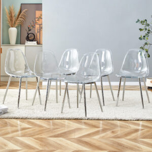 Modern minimalist transparent dining chair, plastic chair, armless crystal chair, Nordic creative makeup stool, negotiation chair, silver plated metal leg 6-piece set, TW-1200