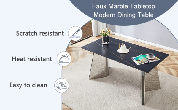 45e77094b35845e79e4aea43fac74570_bc18008647bff79a894fd3c0d747a77d 63"x31.5x30" Black Marble-Patterned Slab Dining Table with Stainless Steel Butterfly Legs.The tabletop is designed to be scratch and heat resistant.Slabs Tabletop,Stainless Steels Legs.