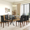 Table and chair set.79"x31.5" Inch Tempered Glass Tabletop With X-shaped Black Metal Table Legs,Wood Grain Textured MDF Crossbeam.Paired With 8 Black PU Dining Chairs with Walnut Color Metal Leg.