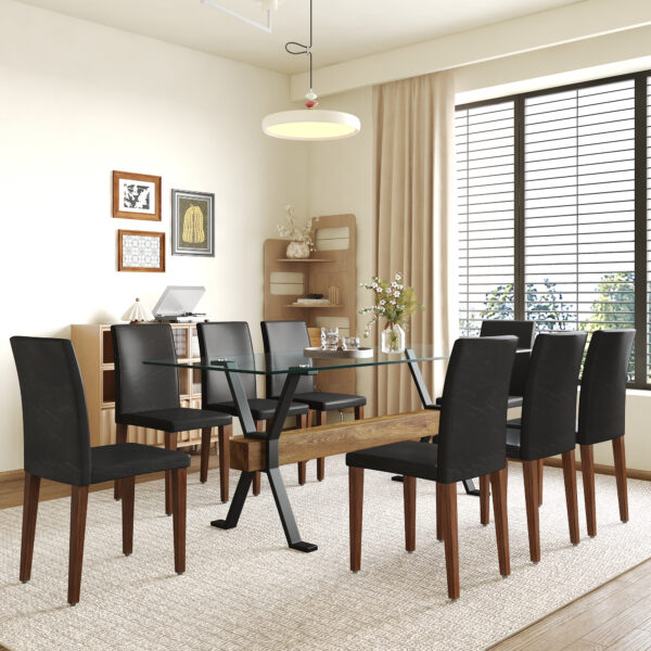 4610bad77fc448338ec34679693f58c9_131b8162e3cb24dd57a56cc9c3c52614 Table and chair set.79"x31.5" Inch Tempered Glass Tabletop With X-shaped Black Metal Table Legs,Wood Grain Textured MDF Crossbeam.Paired With 8 Black PU Dining Chairs with Walnut Color Metal Leg.