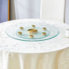 Double layer rotatable round glass.Golden aluminum plate,The rotatable design makes it convenient to retrieve and place items.The upper glass has a diameter of 24 inches, the lower glass15 inches.