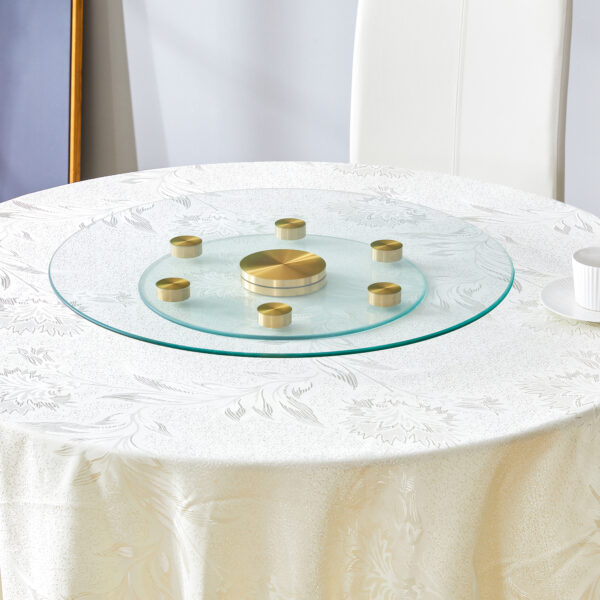 461674a651204c48a6c84b12543e73a8_b4186a59cb2726800b986959462b70d9 Double layer rotatable round glass.Golden aluminum plate,The rotatable design makes it convenient to retrieve and place items.The upper glass has a diameter of 24 inches, the lower glass15 inches.